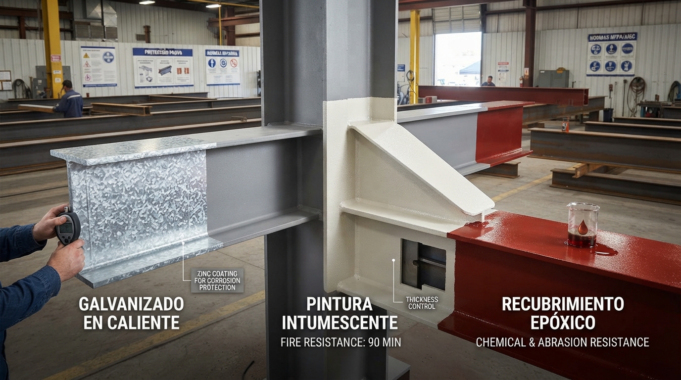 protección contra el fuego y la corrosión en estructuras de acero galvanizado, intumescentes y epóxicos